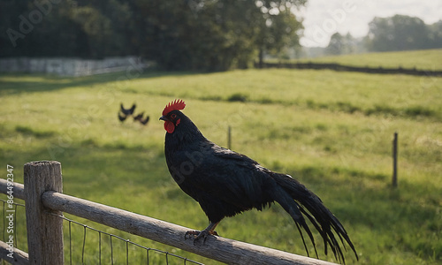 black rooster on a fence
