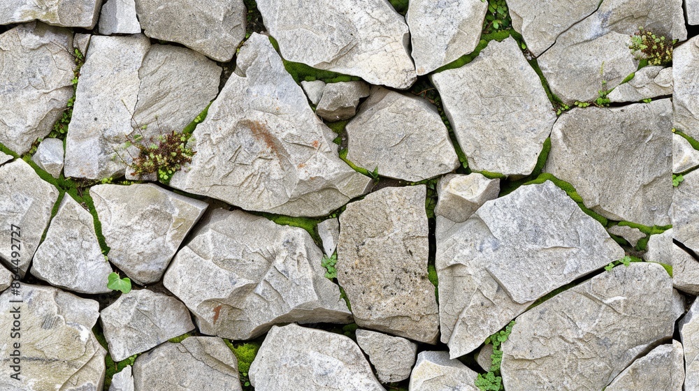 Obraz premium A close-up shot of a rough stone wall with green plants growing between the cracks SEAMLESS PATTERN