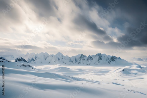 A frosted mountain panorama shrouded in mist, illuminated by soft, diffused light