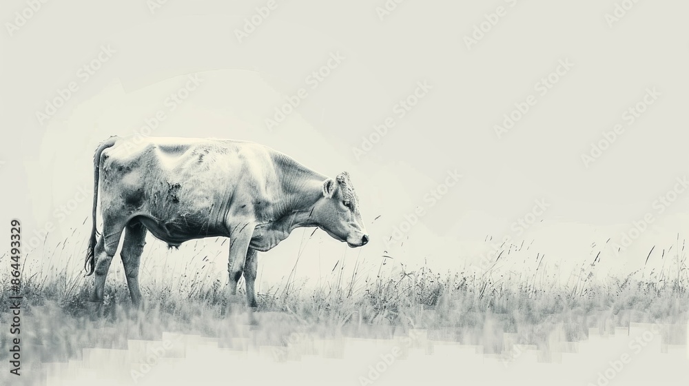 Cow standing in tall grass field, sky in background Cow standing in tall grass field, sky in background