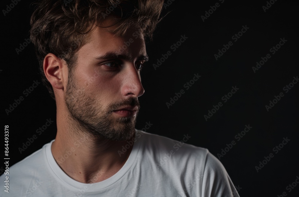 Pensive man with beard in white shirt Pensive man with beard in white shirt