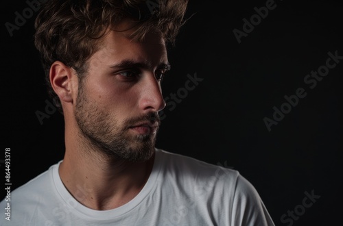 Pensive man with beard in white shirt