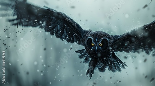 A black owl flies, wings spread wide, yellow eyes gleaming photo