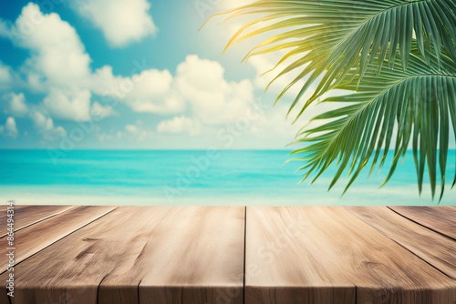 Tropical paradise with gentle waves, soft sand, and swaying palm trees under a blue sky with clouds. Includes a wooden table for product