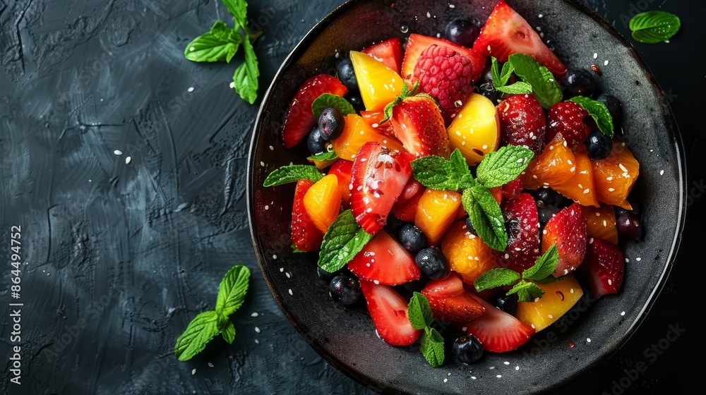 A bowl brimming with fruit and a sprig of mint atop a black table Nearby, a cup of water and a spoon rest in readiness A bowl brimming with fruit and a sprig of mint atop a black table Nearby, a cup of water and a spoon rest in readiness
