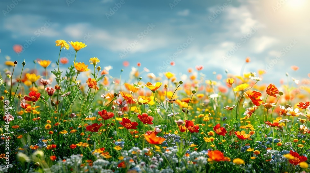A field filled with vibrant flowers beneath a clear blue sky In the background, a cloud-studded sky A field filled with vibrant flowers beneath a clear blue sky In the background, a cloud-studded sky