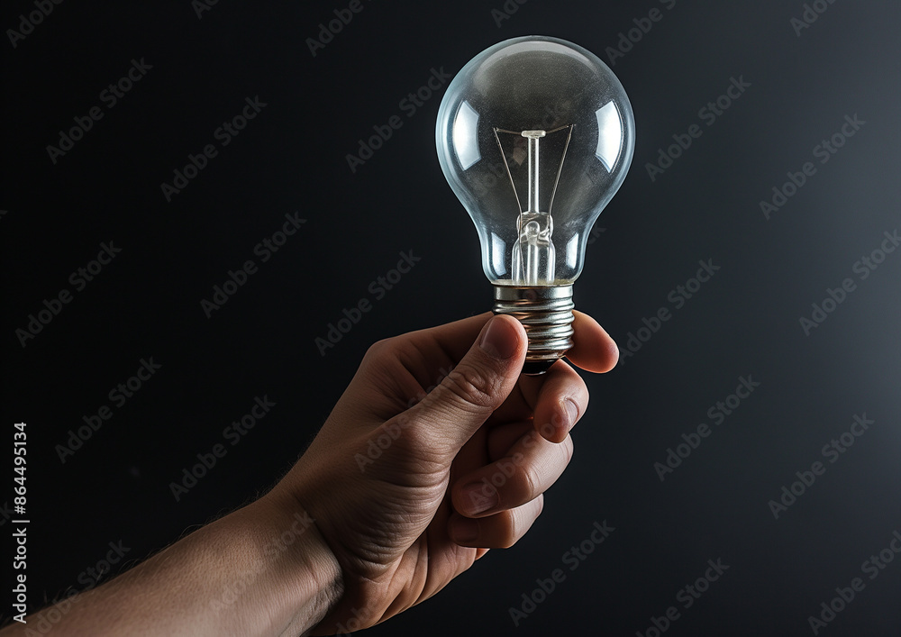 Male hand holding light bulb with black background, close up from front. Generative AI Male hand holding light bulb with black background, close up from front. Generative AI