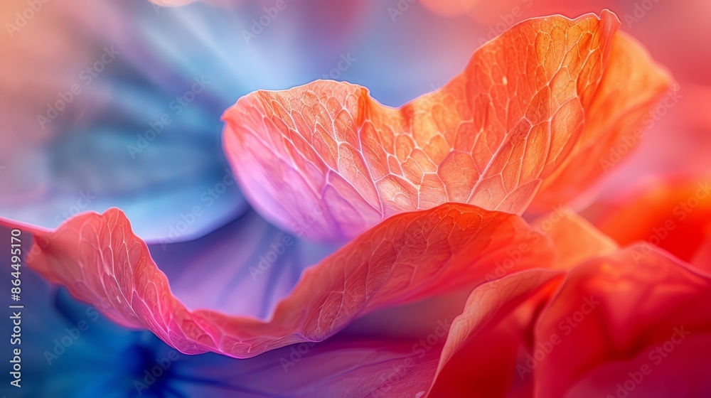 A tight shot of a pink bloom with a blue and red blossoms at its center, encircled by a solitary red flower A tight shot of a pink bloom with a blue and red blossoms at its center, encircled by a solitary red flower