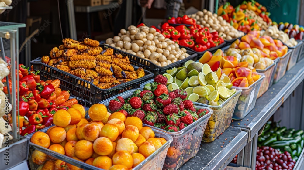 A display in a store filled with various fruits and vegetables in adjacent bins A display in a store filled with various fruits and vegetables in adjacent bins
