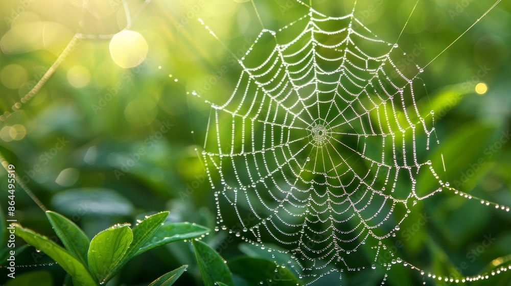 A tight shot of a spider web on a verdant plant, adorned with dewdrops A tight shot of a spider web on a verdant plant, adorned with dewdrops