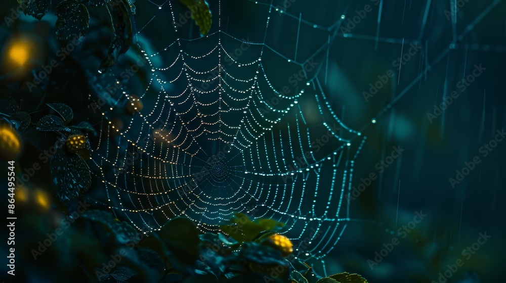 A tight shot of a spider's web on a leafy branch, adorned with water-laden dew drops A tight shot of a spider's web on a leafy branch, adorned with water-laden dew drops