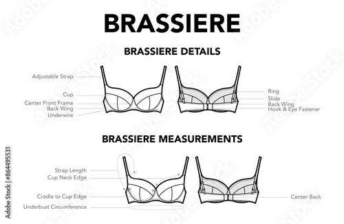 Set of Brassiere details and measurements diagram with names styles top underwear technical fashion illustration. Flat apparel template front, back view. Women, men unisex CAD mockup isolated on white