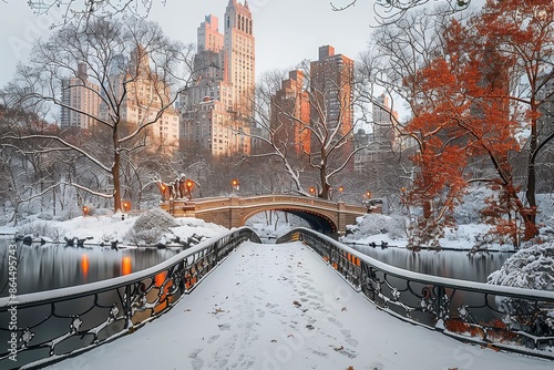 A picturesque winter scene featuring a snow-covered bridge in a serene park with a backdrop of towering city buildings and vibrant autumn leaves on nearby trees.