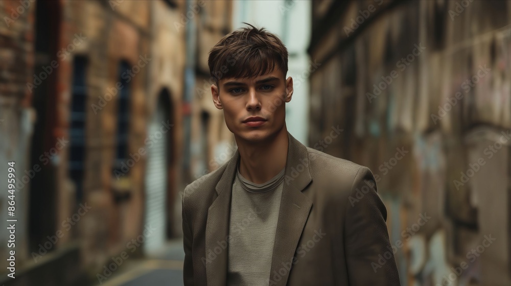A man in a suit standing in an alleyway. A man in a suit standing in an alleyway.