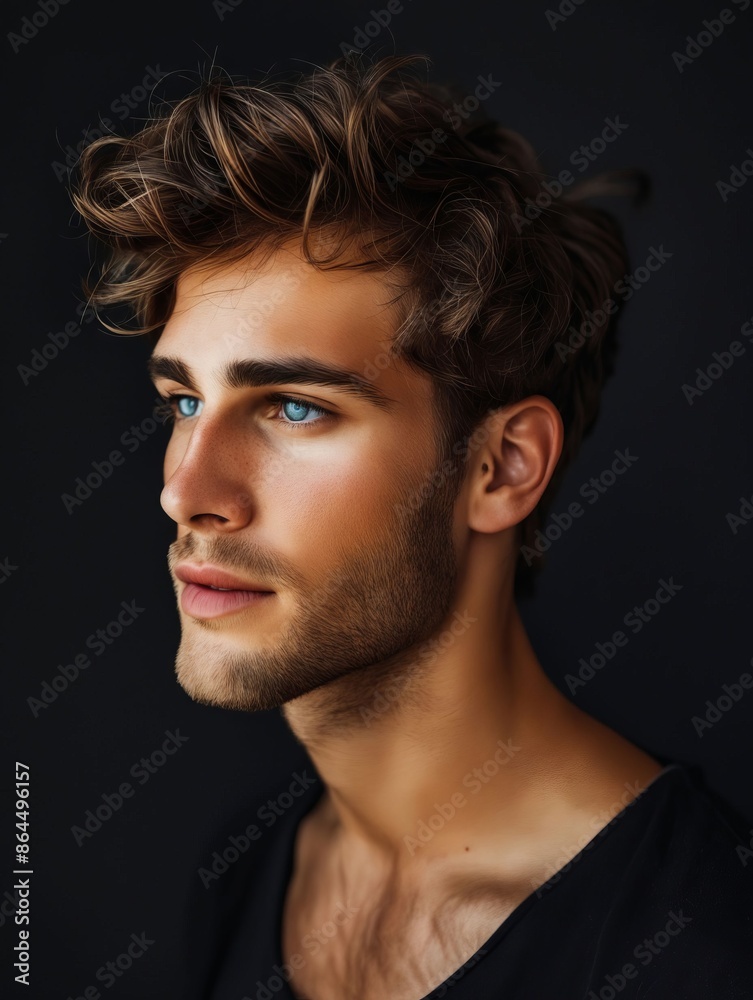 Obraz premium A young man with blue eyes looking away.
