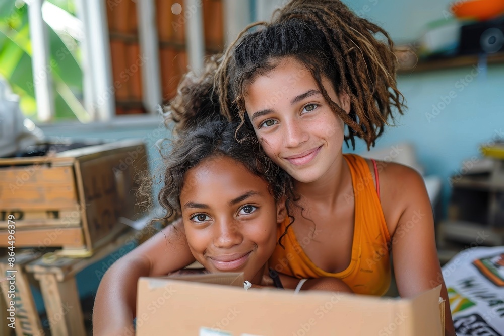 Two girls share smiles as they sort packages in a lively setting, with the image highlighting their teamwork, happiness, and the organized environment around them. Two girls share smiles as they sort packages in a lively setting, with the image highlighting their teamwork, happiness, and the organized environment around them.