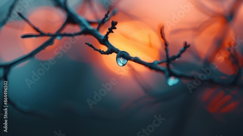  A tree branch in close-up, adorned with a solitary water droplet Sunset backdrop
