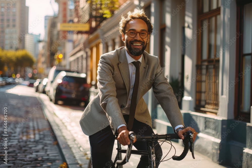 A cheerful businessman rides his bicycle through a sunlit city street, wearing a suit, and exuding an aura of success and balancing healthy living and work commitments. A cheerful businessman rides his bicycle through a sunlit city street, wearing a suit, and exuding an aura of success and balancing healthy living and work commitments.