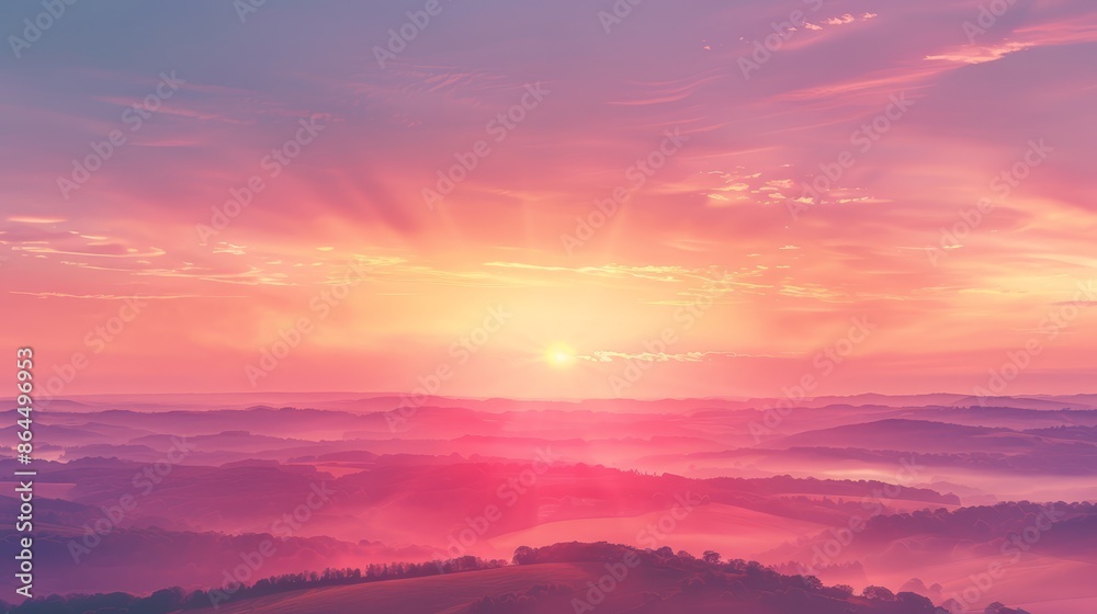 pink-blue sky, valley with trees, hills pink-blue sky, valley with trees, hills