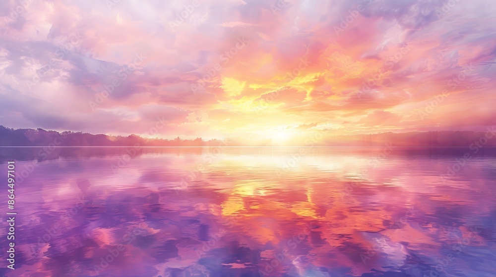 A vast expanse of water, topped by a sky dotted with clouds, wherein the sun mirrors its radiance A vast expanse of water, topped by a sky dotted with clouds, wherein the sun mirrors its radiance