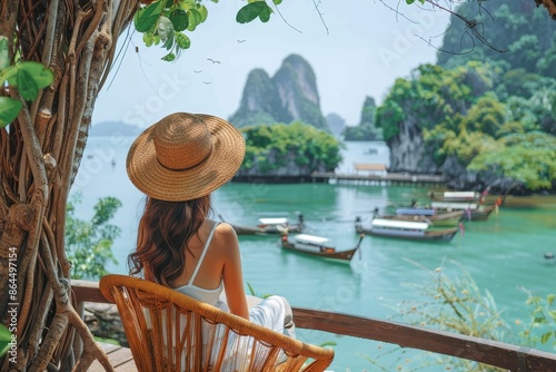 A woman wearing a wide-brimmed hat sitting on a wicker chair, gazing at the tranquil river and limestone cliffs in the distance, evoking a sense of peace and relaxation.