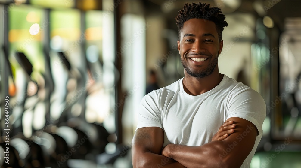 A smiling man in a gym with his arms crossed. A smiling man in a gym with his arms crossed.
