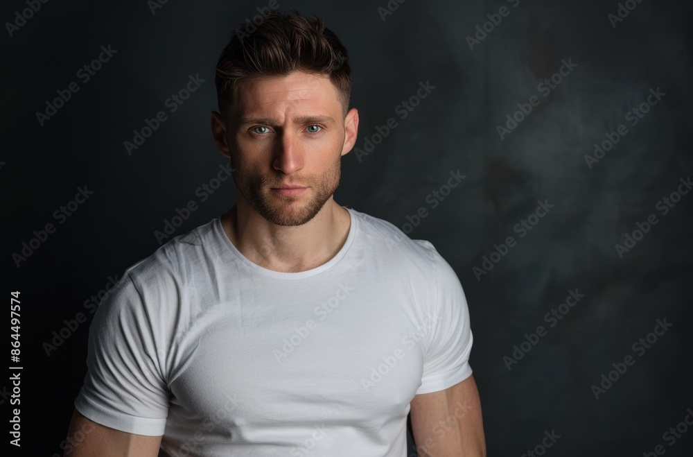 Serious young man with beard wearing white t-shirt Serious young man with beard wearing white t-shirt