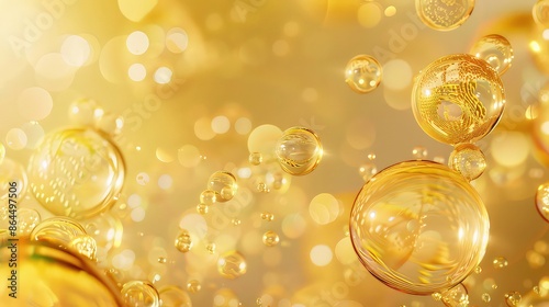golden yellow Bubbles oil collagen serum Molecule cosmetic product 3d rendering fuel natural crude gasoline liquid power background olive gold nature dripped pour organic concept water ingredient.
