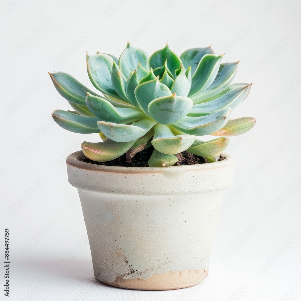 The photo shows a succulent plant in a white pot. The succulent has blue-green leaves and is Echeveria species. The photo shows a succulent plant in a white pot. The succulent has blue-green leaves and is Echeveria species.