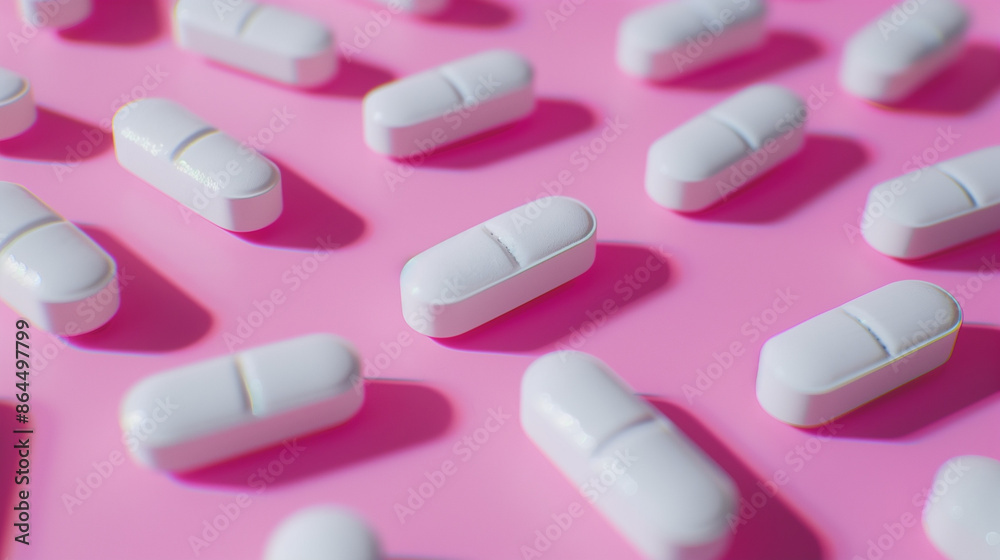 white pills on a vibrant pink background, casting subtle shadows. white pills on a vibrant pink background, casting subtle shadows.