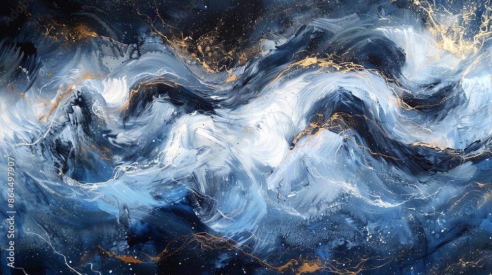 Abstract Blue and Gold Fluid Art Painting. Ocean Waves or Night Sky Abstract Blue and Gold Fluid Art Painting. Ocean Waves or Night Sky