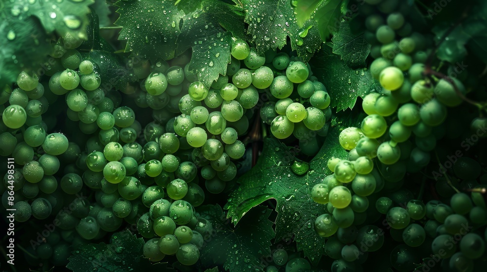 A multitude of green grapes atop a verdant, leafy plant, dotted with water droplets under the sun A multitude of green grapes atop a verdant, leafy plant, dotted with water droplets under the sun