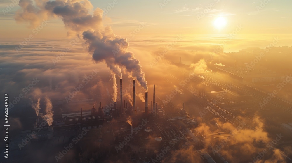 Fototapeta premium Aerial view of coal power plant industrial chimneys with smoke and steam moving up polluting the atmosphere at sunrise.