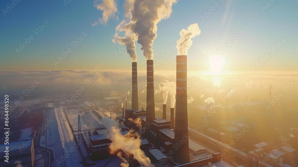 Aerial view of coal power plant industrial chimneys with smoke and ...