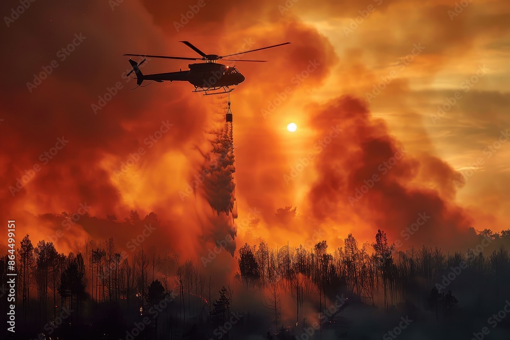 A helicopter drops water on a raging wildfire amidst thick smoke and an orange sky at sunset, highlighting the dramatic and urgent effort to combat the destructive flames. A helicopter drops water on a raging wildfire amidst thick smoke and an orange sky at sunset, highlighting the dramatic and urgent effort to combat the destructive flames.
