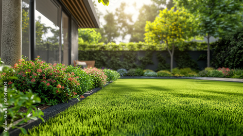Decorative garden, Green lawn, the front lawn for background. Space for text, Generative AI