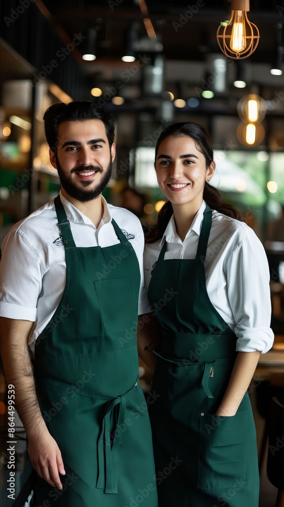Two waiters in a restaurant smiling. Two waiters in a restaurant smiling.
