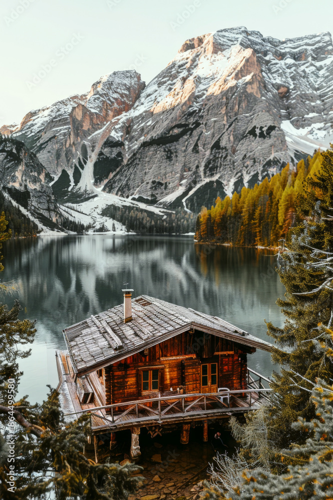 Fototapeta premium Wooden cabin nestled by a serene lake, surrounded by tall trees and dramatic snow-capped mountains, offering a breathtaking view of nature's pristine beauty.