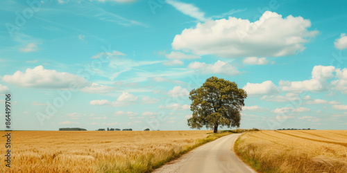 A solitary tree stands at the end of a road stretching through golden wheat fields. The expansive sky above contributes to a scene that evokes calm and open freedom. photo