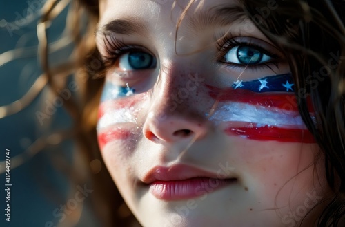 A girl with american flag painted on her face.