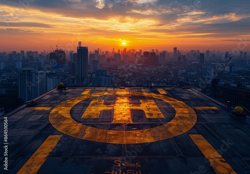 Rooftop Helipad With Cityscape Sunset View