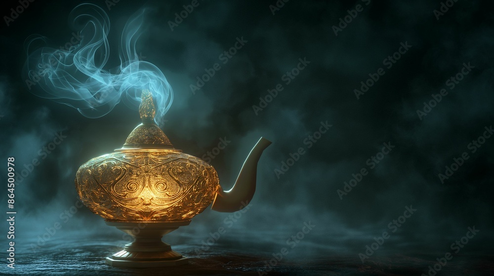 Ornate genie lamp with smoke swirling around on a dark background. Ornate genie lamp with smoke swirling around on a dark background.