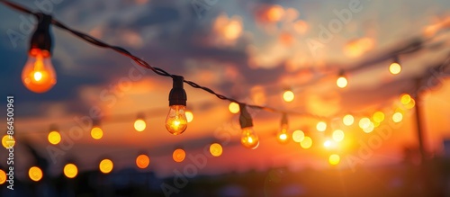 String lights adorned the party event festival setting under the sunset sky, with light bulbs strung on a wire, providing a festive outdoor holiday backdrop with room for text.