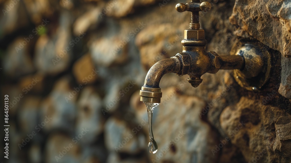 Close-up of a dripping old metal faucet on a stone wall. Close-up of a dripping old metal faucet on a stone wall.