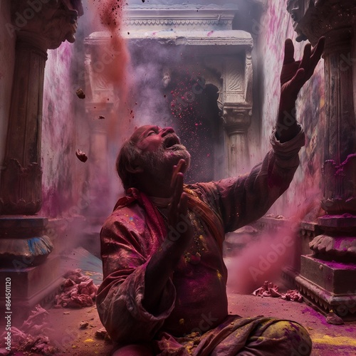 AI generator image of Holi festival,Colorful holi powder blowing up Holi celebration in Nepal or India photo