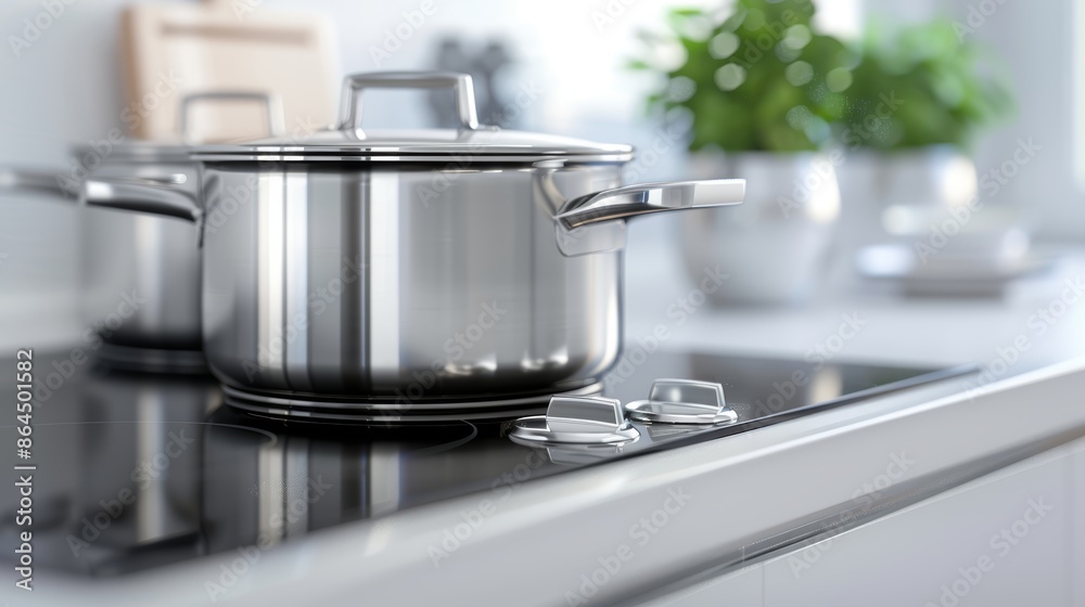 Modern luxurious kitchen, state-of-the-art appliances, large pots and pans on a sleek stovetop, elegant decor, photorealistic, Nikon D850 sharpness Modern luxurious kitchen, state-of-the-art appliances, large pots and pans on a sleek stovetop, elegant decor, photorealistic, Nikon D850 sharpness