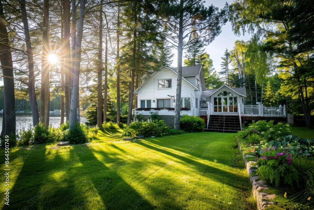A white house with a wooden deck and stairs leading to the lake, surrounded by trees on both sides of an idyllic lakeside cottage Generative AI A white house with a wooden deck and stairs leading to the lake, surrounded by trees on both sides of an idyllic lakeside cottage Generative AI