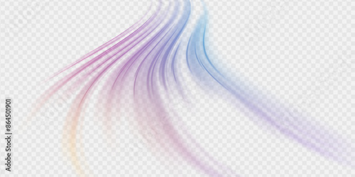 Light beam illustration, neon light strip, high speed motion background, on transparent background in PNG format. Glow luminous glitter shimmer trail. 