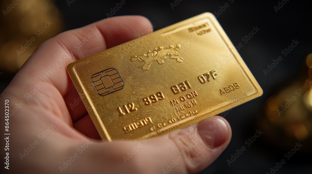 A hand holds a golden bank card without inscriptions A hand holds a golden bank card without inscriptions