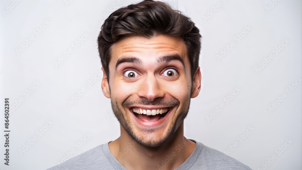 © Adisorn - Young man with raised eyebrows and genuine smile, showing teeth, looking directly at the camera in total surprise on a clean white background. © Adisorn - Young man with raised eyebrows and genuine smile, showing teeth, looking directly at the camera in total surprise on a clean white background.